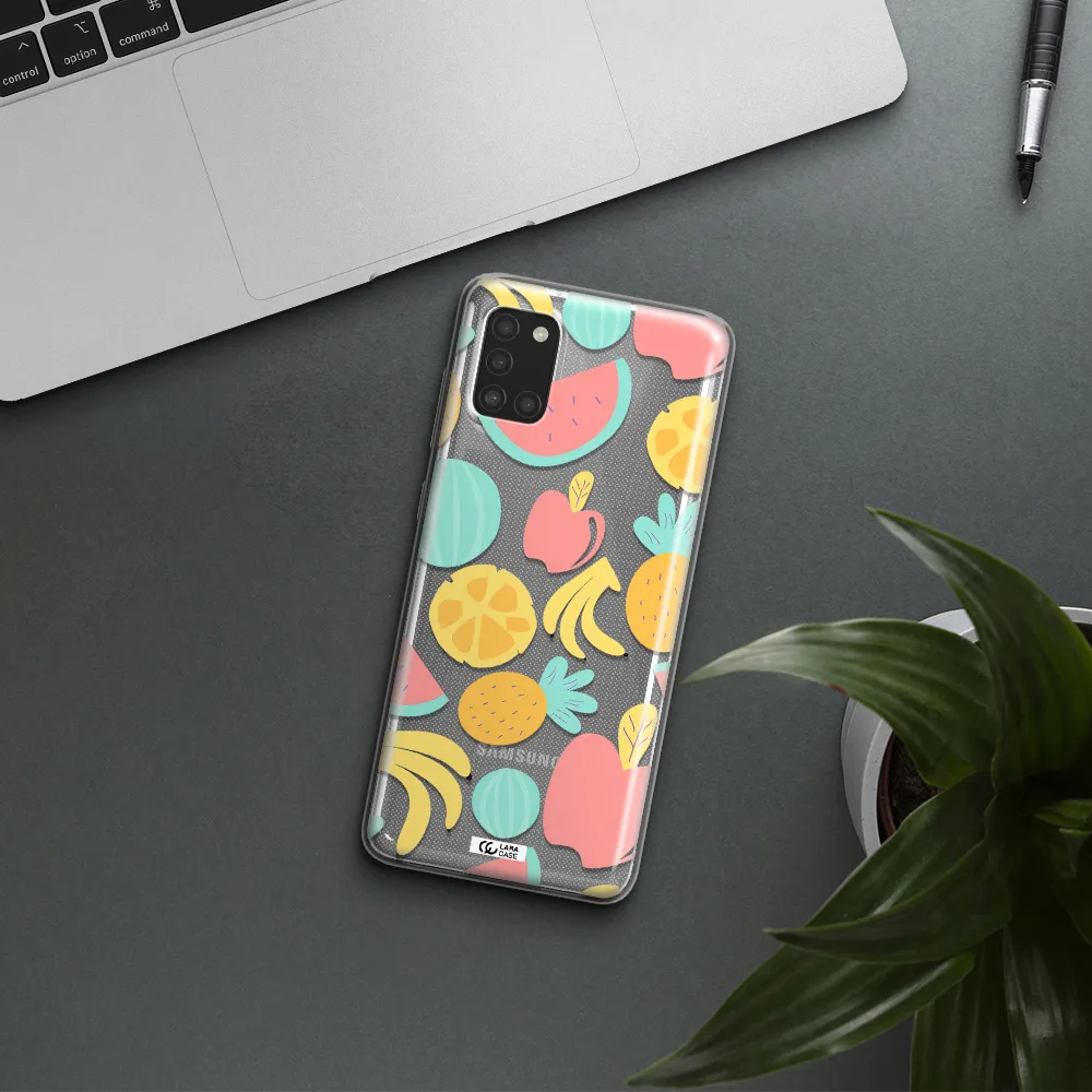 a pattern of fruits on a white background Samsung A31 Clear TPU Case