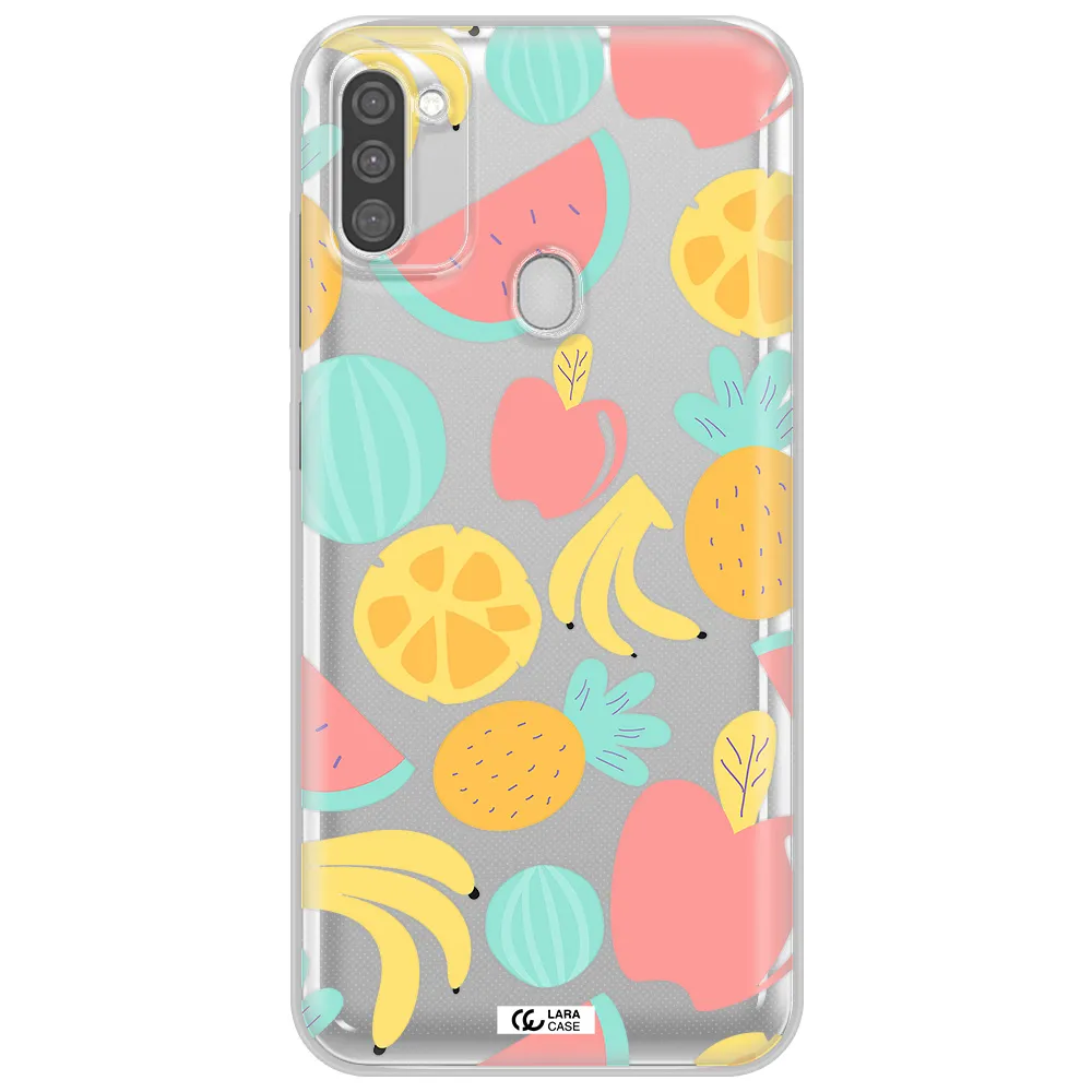 a pattern of fruits on a white background Samsung M11 Clear TPU Case