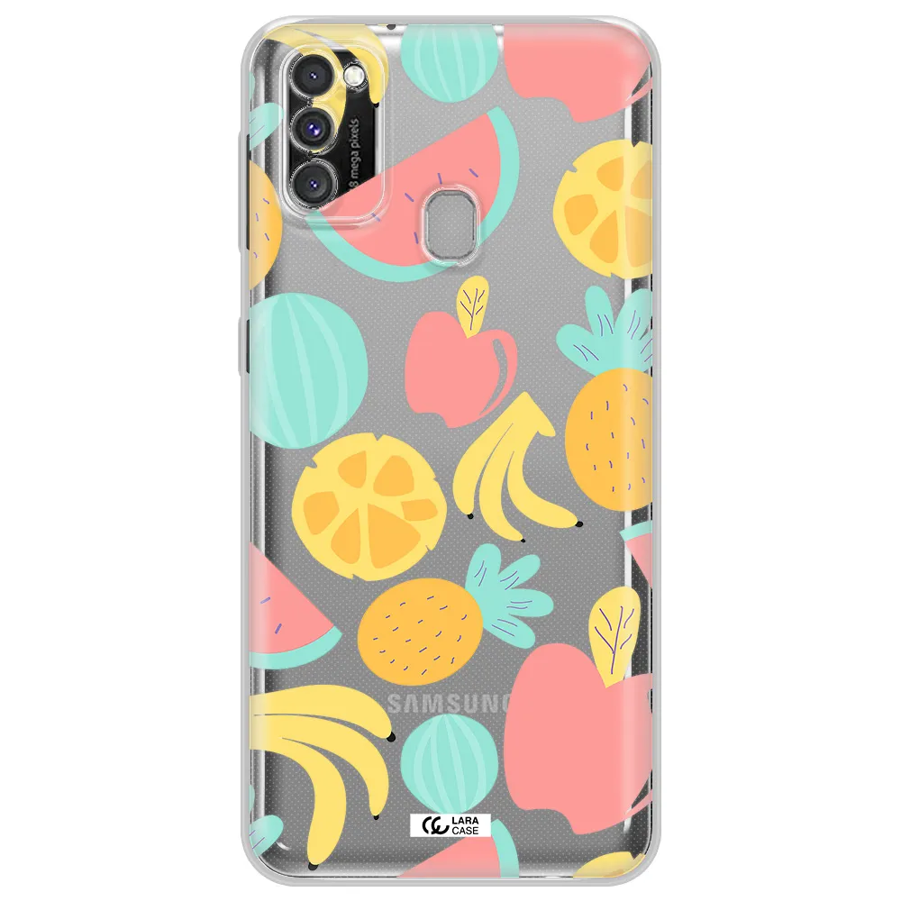 a pattern of fruits on a white background Samsung M30S Clear TPU Case