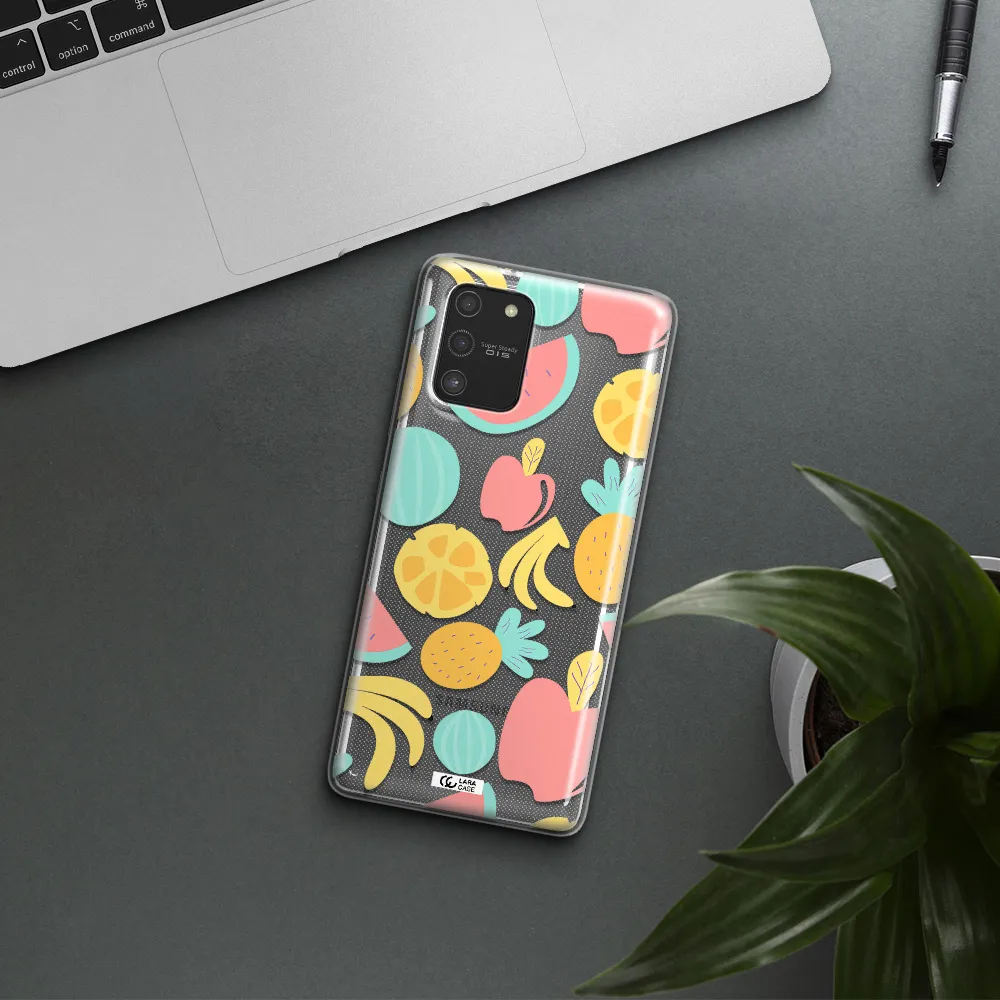 a pattern of fruits on a white background Samsung S10 Lite Clear TPU Case