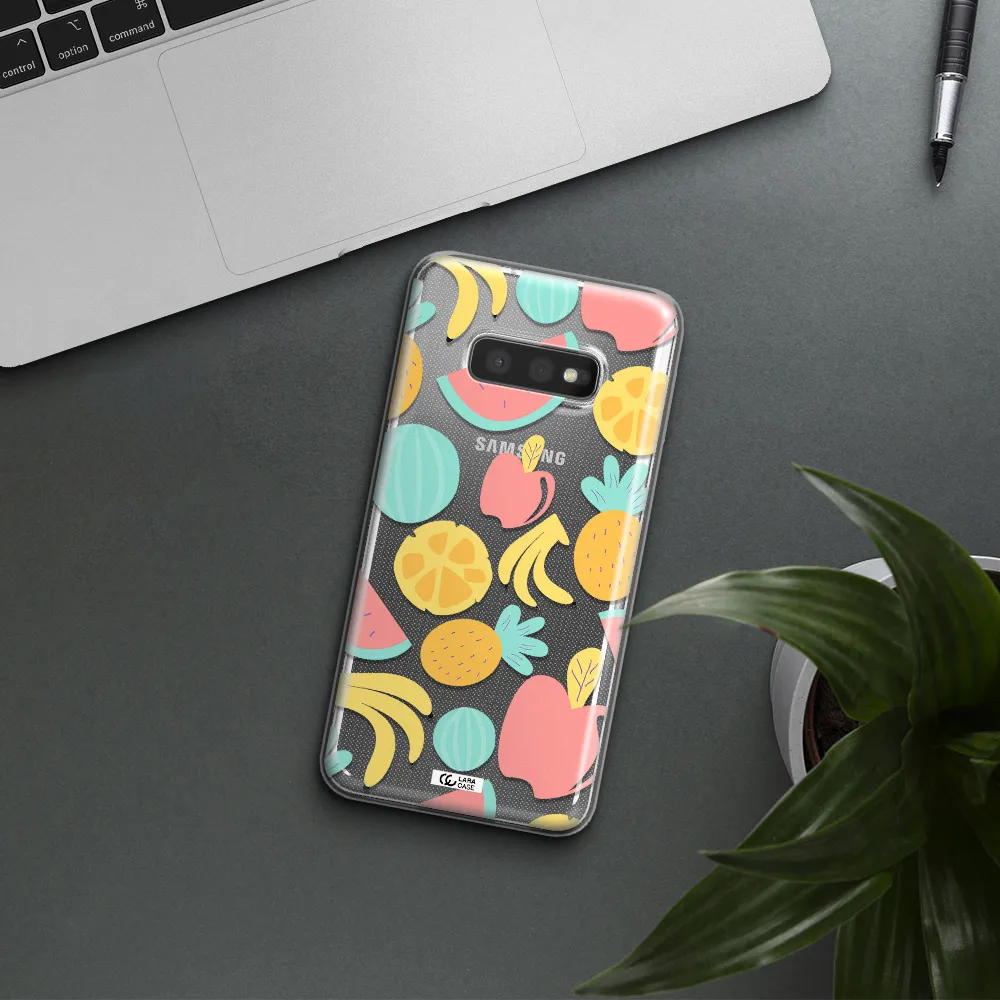 a pattern of fruits on a white background Samsung S10e Clear TPU Case