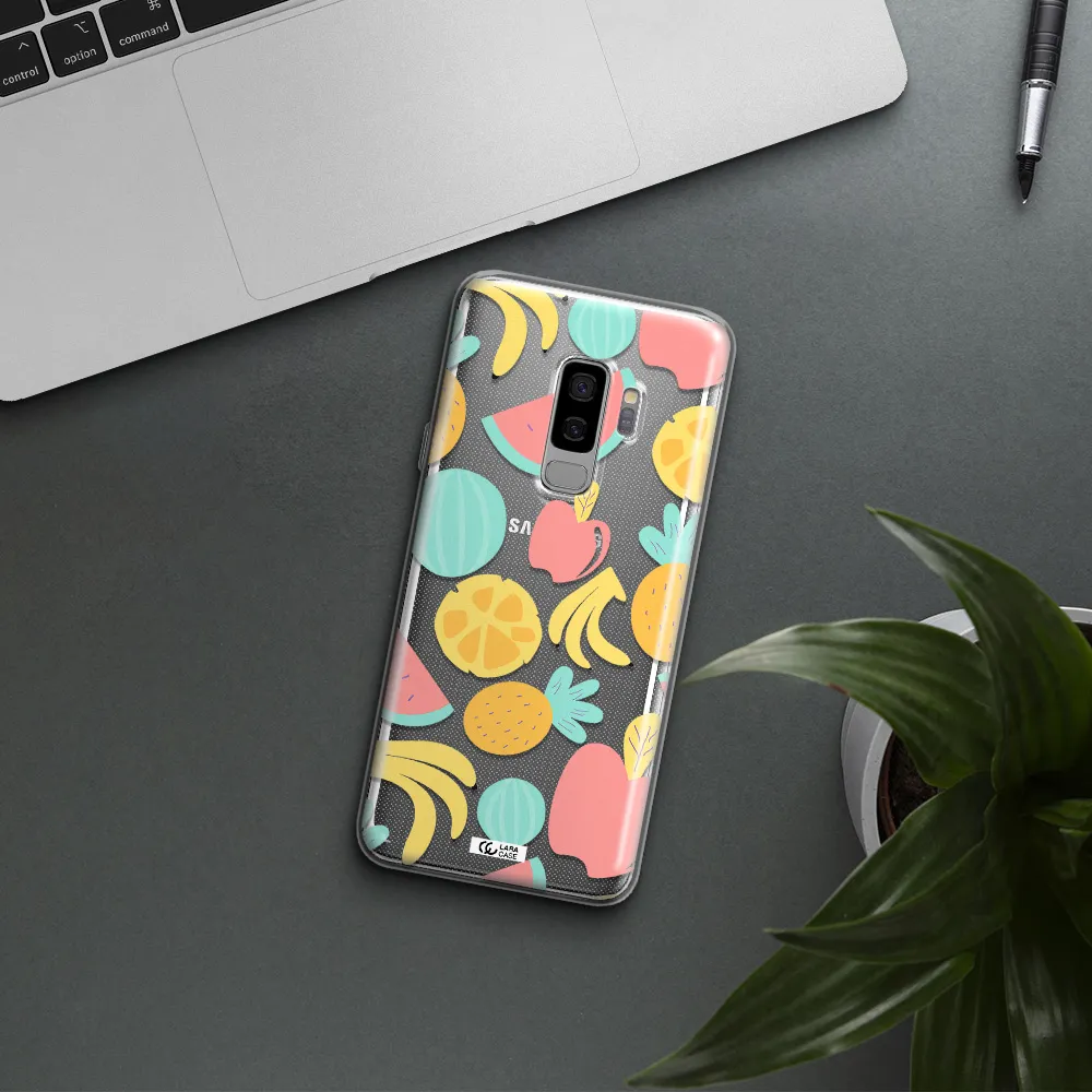a pattern of fruits on a white background Samsung S9 Plus Clear TPU Case