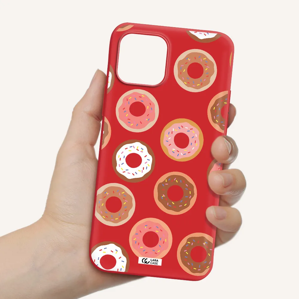 a pattern of donuts with sprinkles Apple iPhone 12 Silicone Imperial Red Case