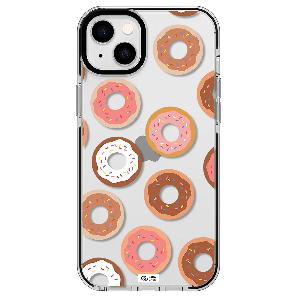 a pattern of donuts with sprinkles Apple iPhone 14 plus impact black border Case
