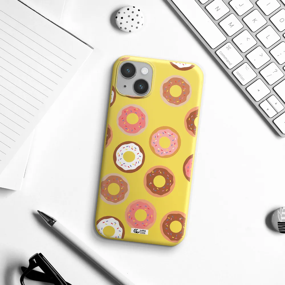 a pattern of donuts with sprinkles Apple iPhone 14 plus Silicone canary yellow Case