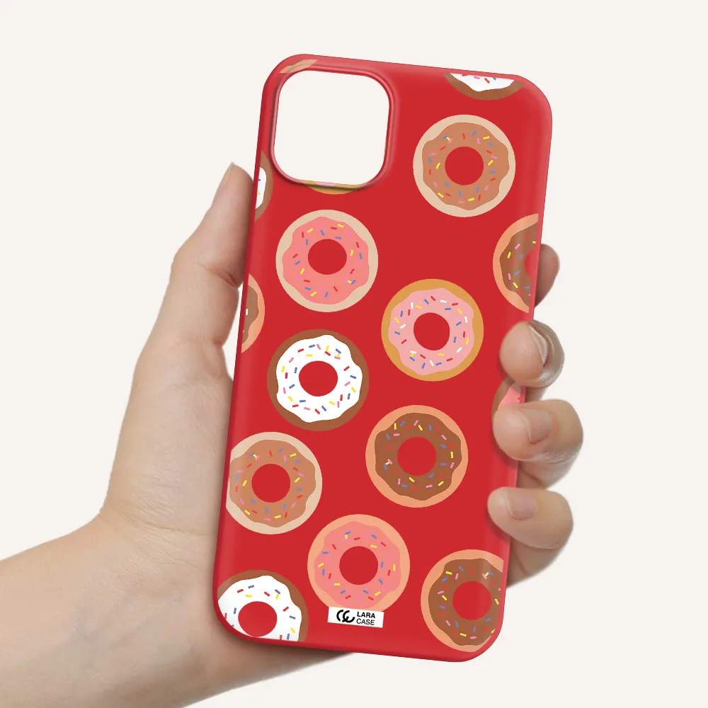 a pattern of donuts with sprinkles Apple iPhone 14 plus Silicone Imperial Red Case