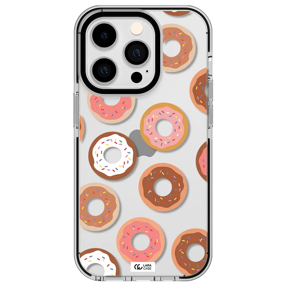 a pattern of donuts with sprinkles Apple iPhone 14 pro impact black border Case
