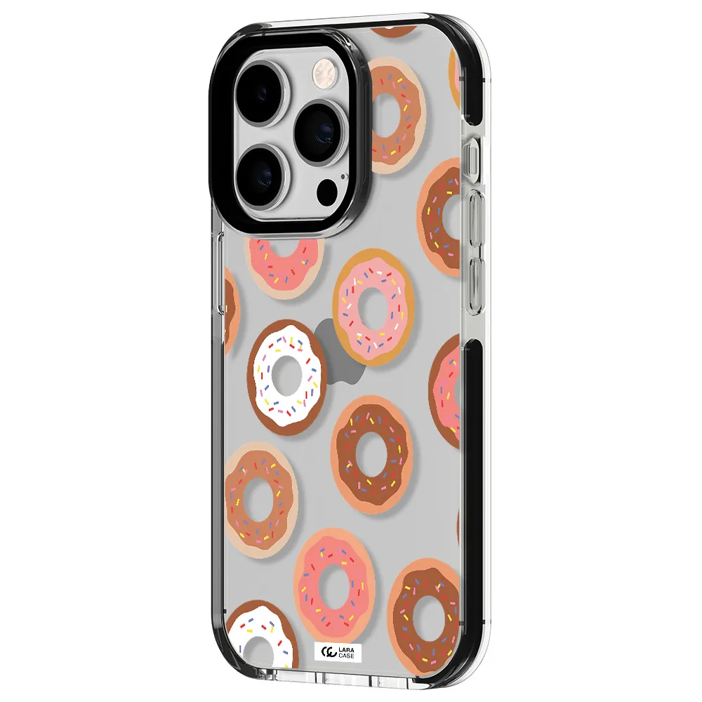 a pattern of donuts with sprinkles Apple iPhone 14 pro impact black border Case