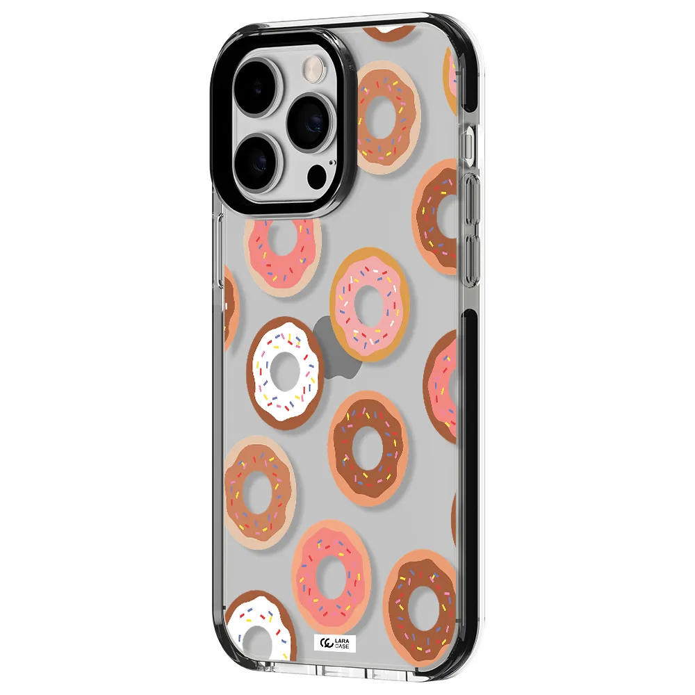 a pattern of donuts with sprinkles Apple iPhone 14 pro max impact black border Case