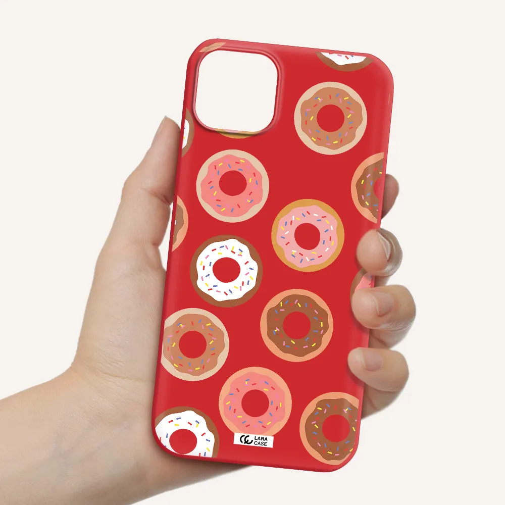a pattern of donuts with sprinkles Apple iPhone 14 Silicone Imperial Red Case