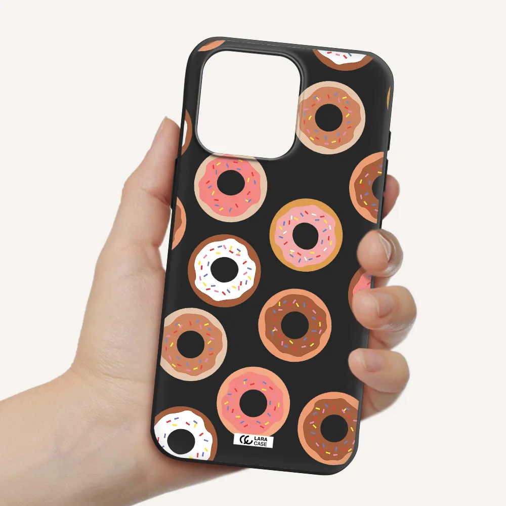 a pattern of donuts with sprinkles Apple Iphone 15 Pro max Silicone black Case