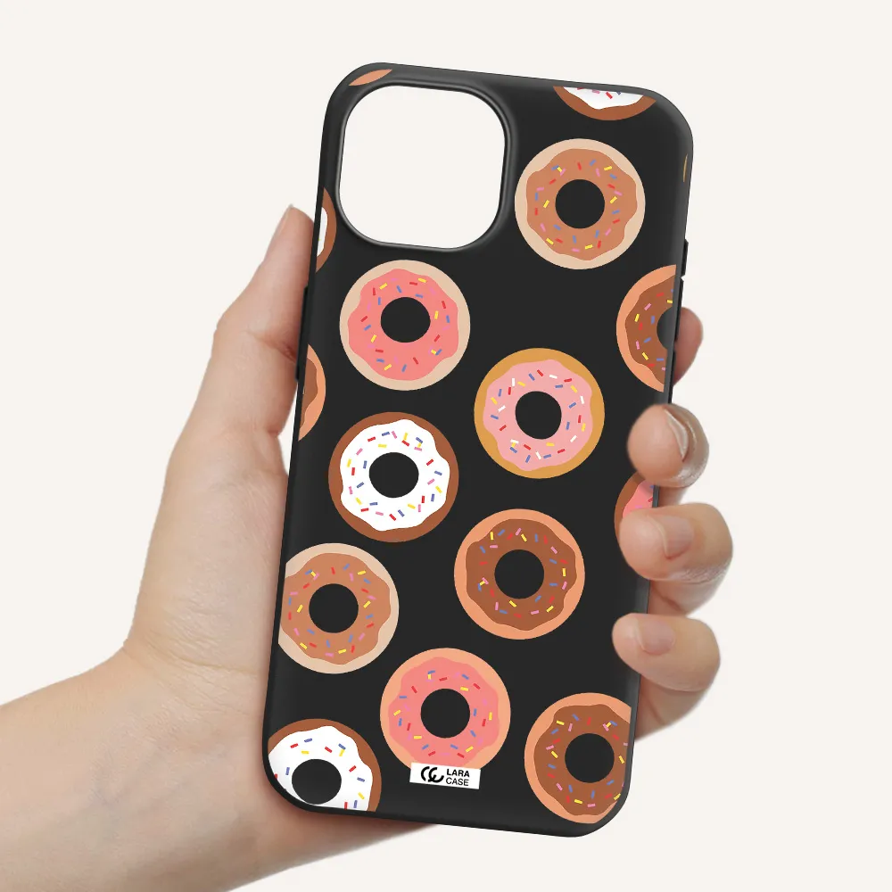 a pattern of donuts with sprinkles Apple iPhone 15 Silicone black Case
