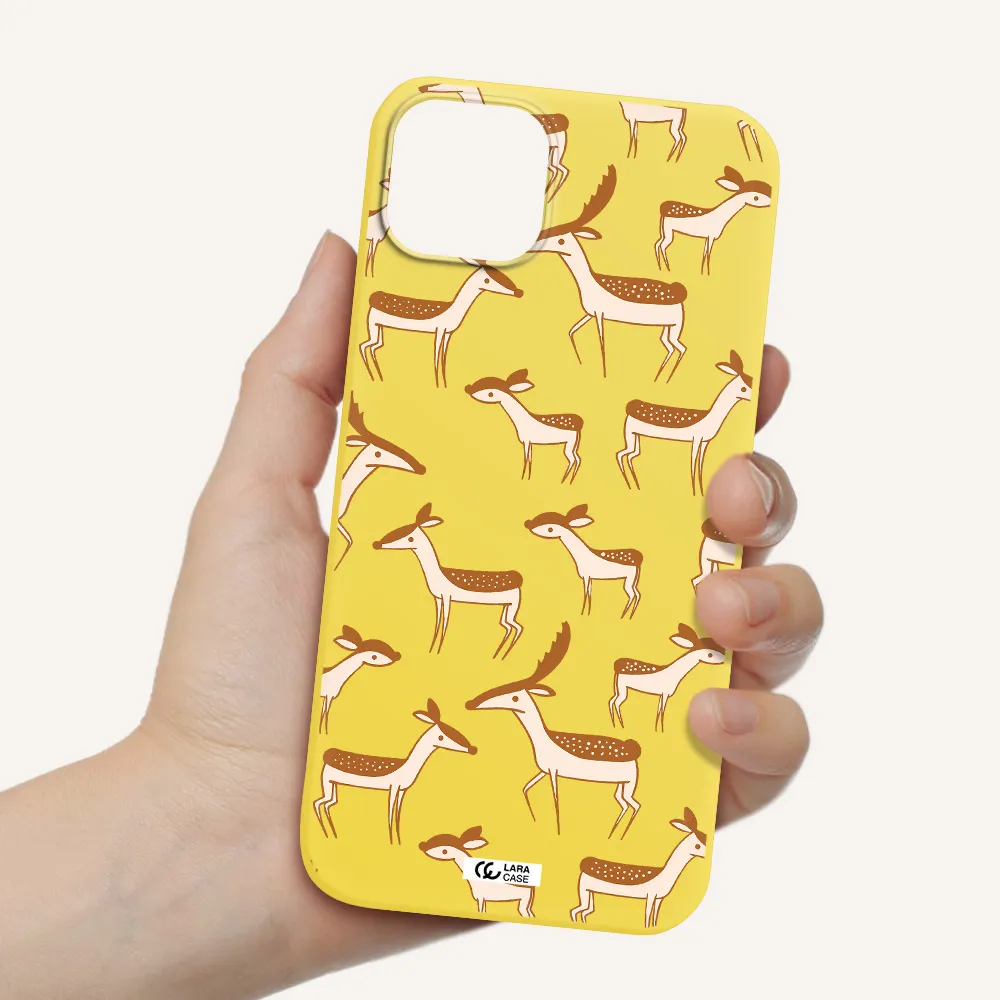 a pattern of deer and fawns Apple iPhone 14 Silicone canary yellow Case