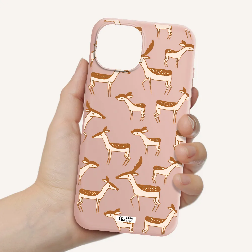 A Pattern Of Deer And Fawns Apple Iphone 15 Silicone Pastel Pink Case