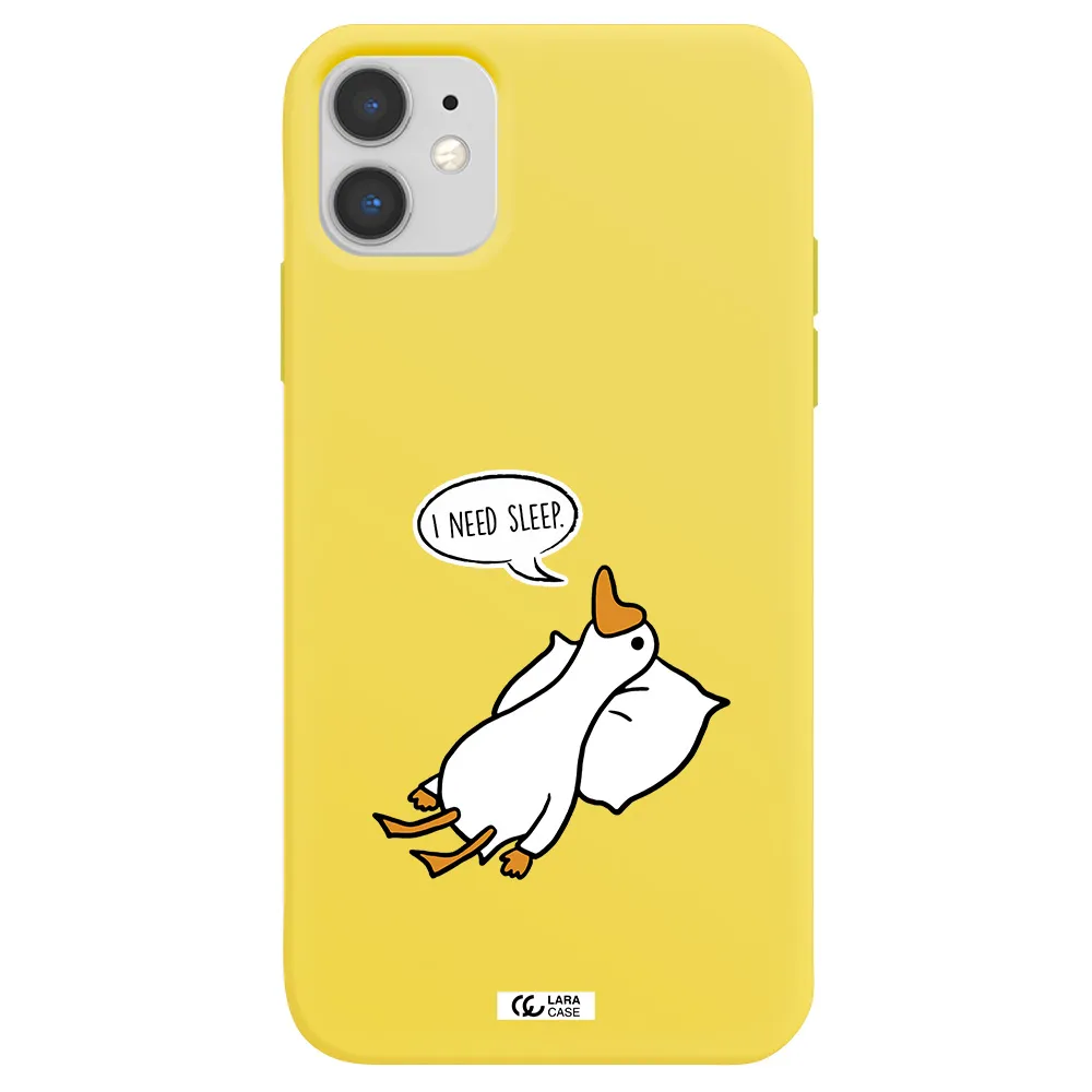 a cartoon of a duck with a pillow Apple iPhone 11 Silicone canary yellow Case