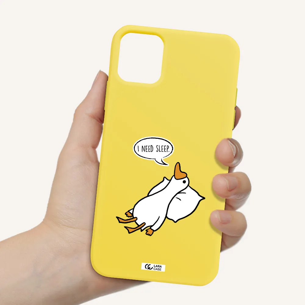 a cartoon of a duck with a pillow Apple iPhone 11 Silicone canary yellow Case