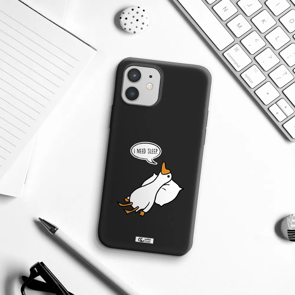 a cartoon of a duck with a pillow Apple iPhone 12 Silicone black Case