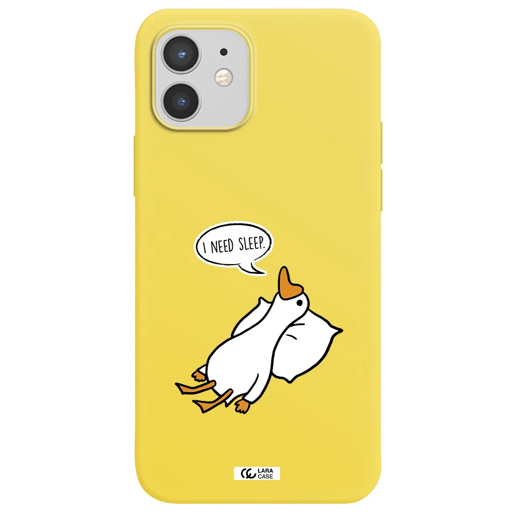 a cartoon of a duck with a pillow Apple iPhone 12 Silicone canary yellow Case