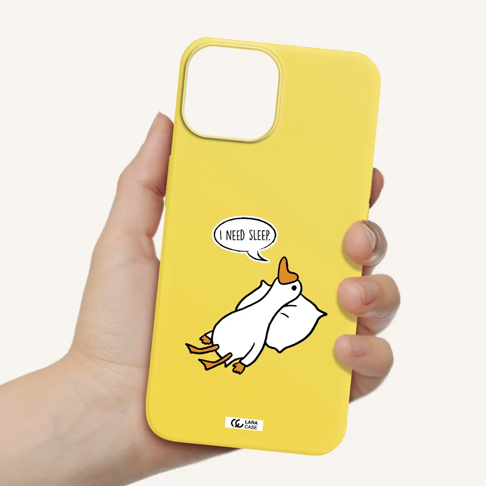 a cartoon of a duck with a pillow Apple iPhone 13 Silicone canary yellow Case