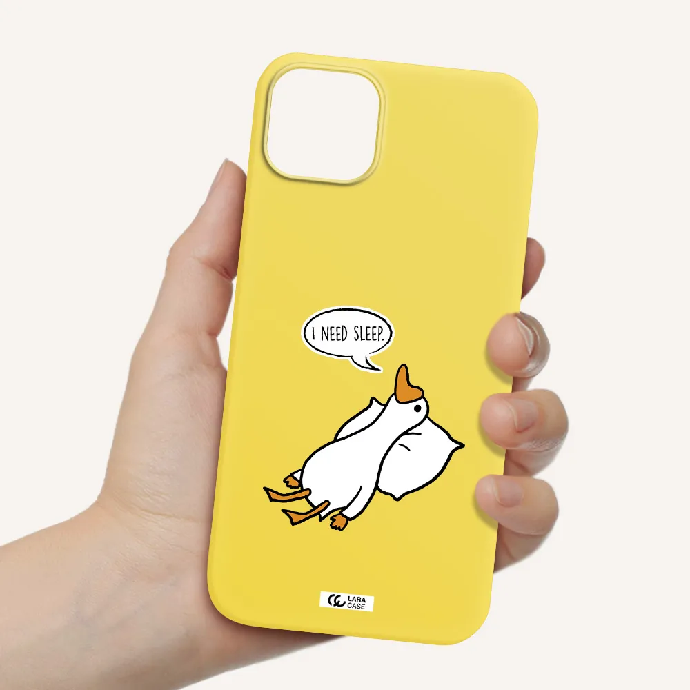 a cartoon of a duck with a pillow Apple iPhone 14 plus Silicone canary yellow Case