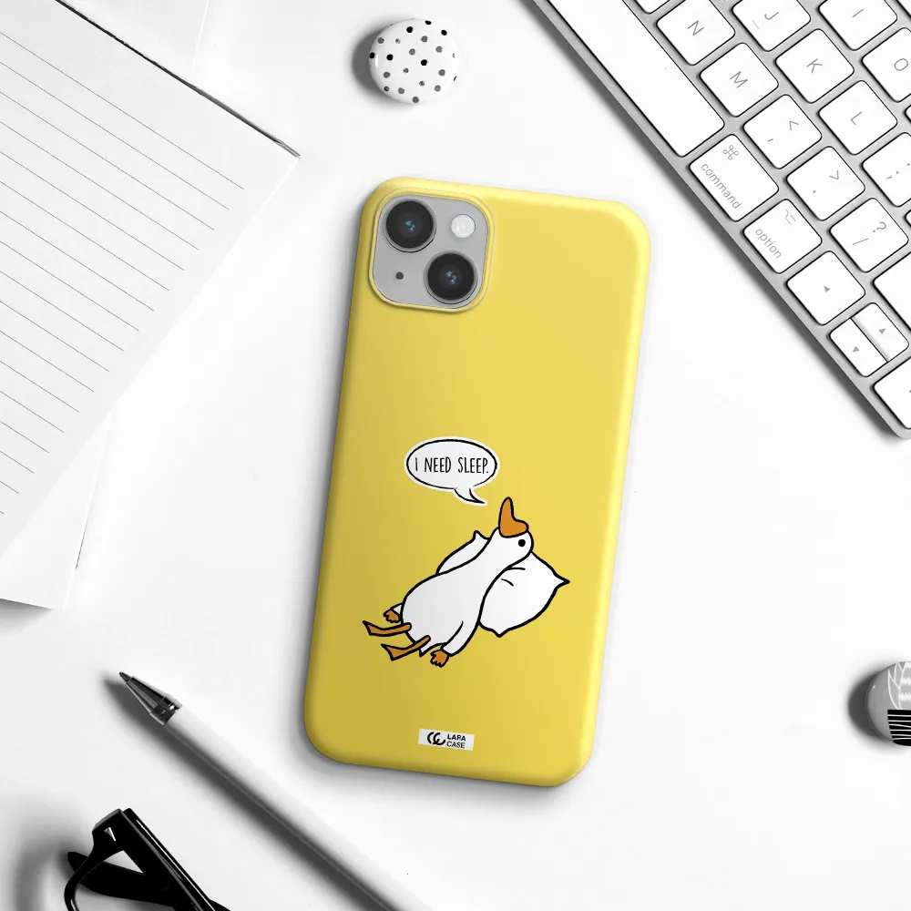 a cartoon of a duck with a pillow Apple iPhone 14 plus Silicone canary yellow Case