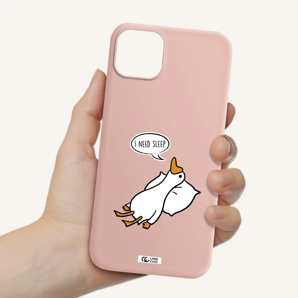 a cartoon of a duck with a pillow Apple iPhone 14 plus Silicone pastel pink Case