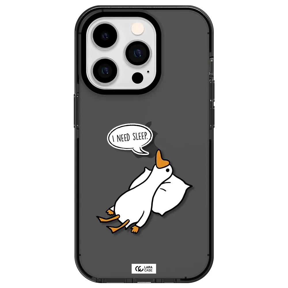 a cartoon of a duck with a pillow Apple iPhone 14 pro impact Smoke Black Case