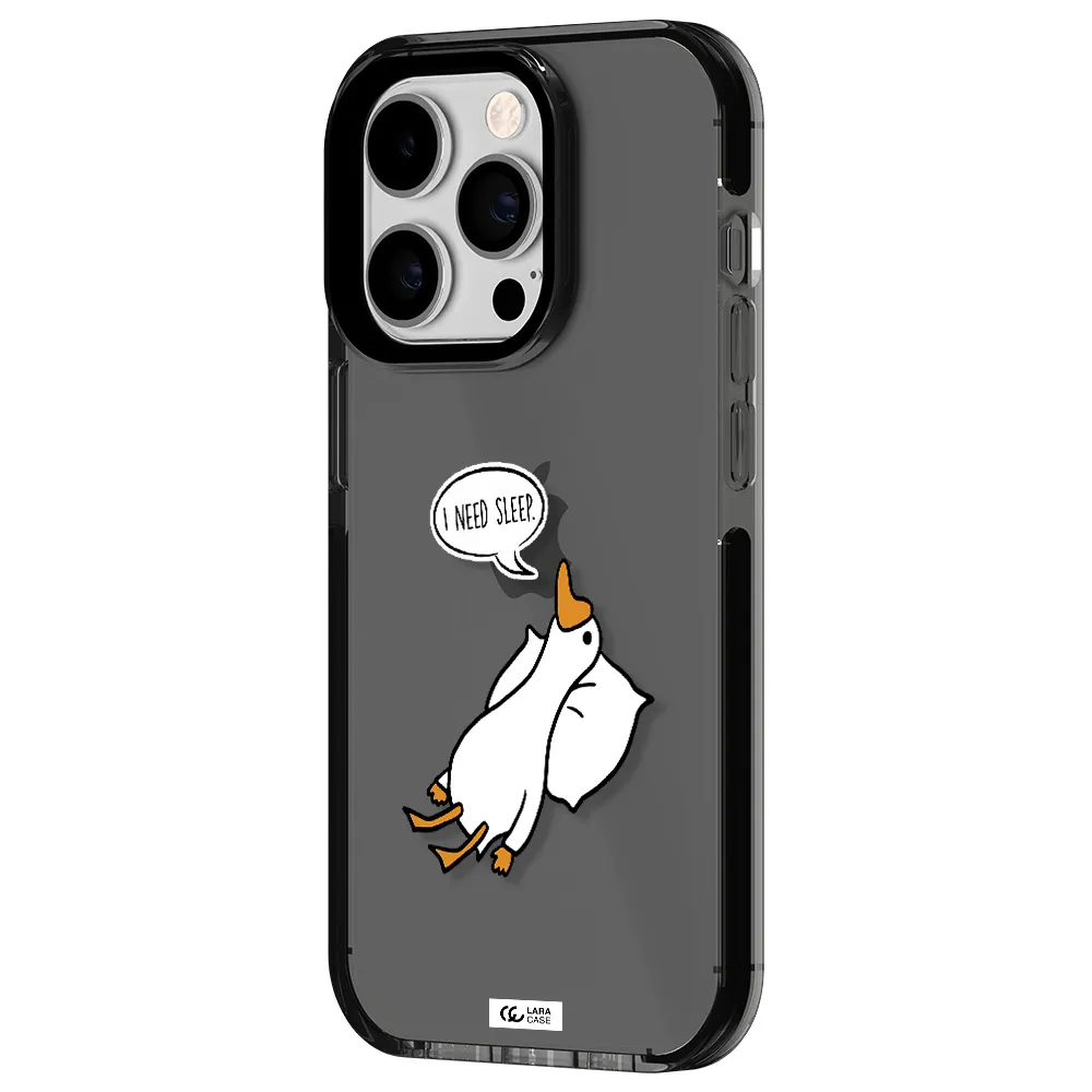 a cartoon of a duck with a pillow Apple iPhone 14 pro impact Smoke Black Case