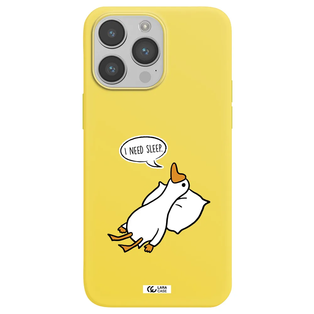 a cartoon of a duck with a pillow Apple iPhone 14 pro Silicone canary yellow Case