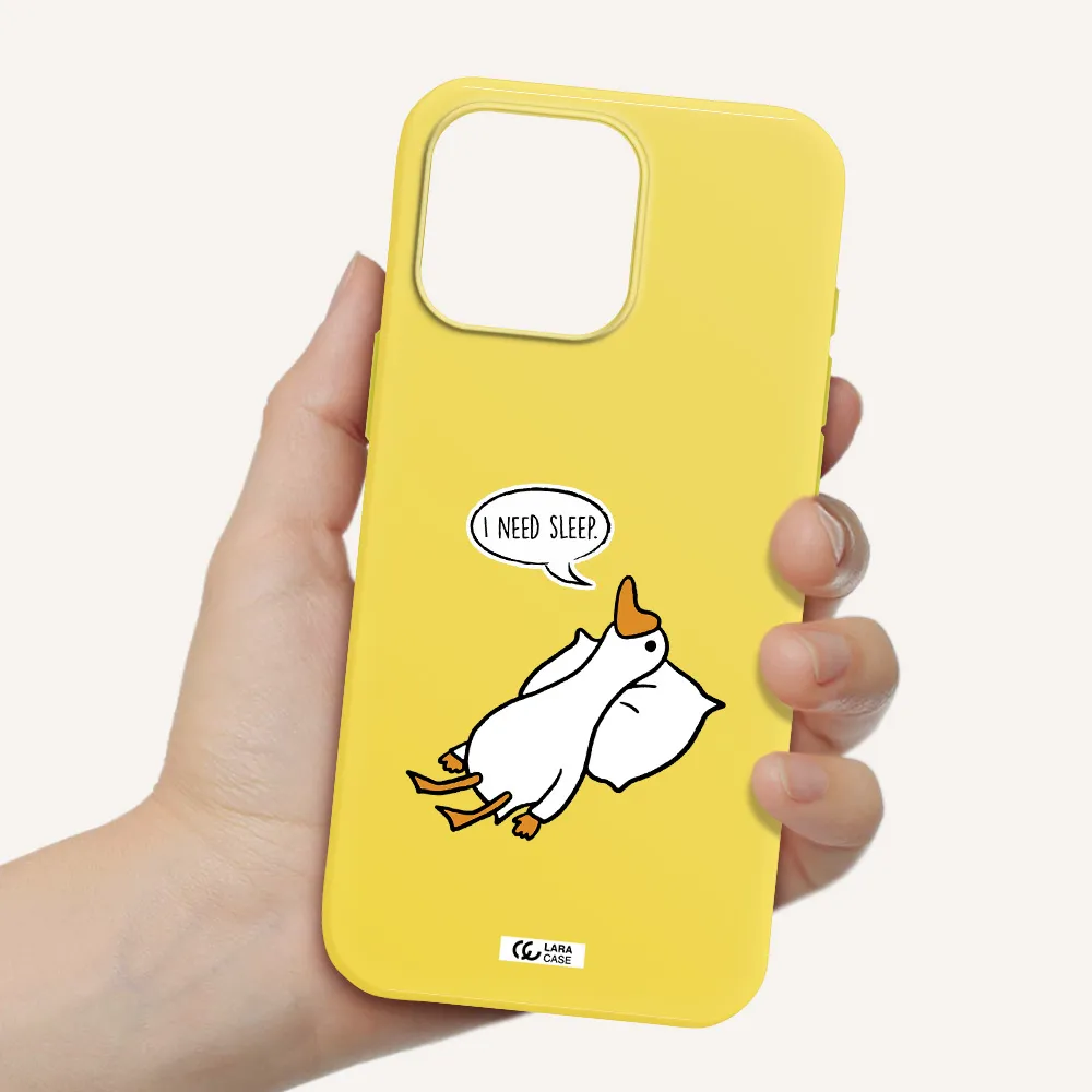 A Cartoon Of A Duck With A Pillow Apple Iphone 16 Pro Max Silicone Canary Yellow Case