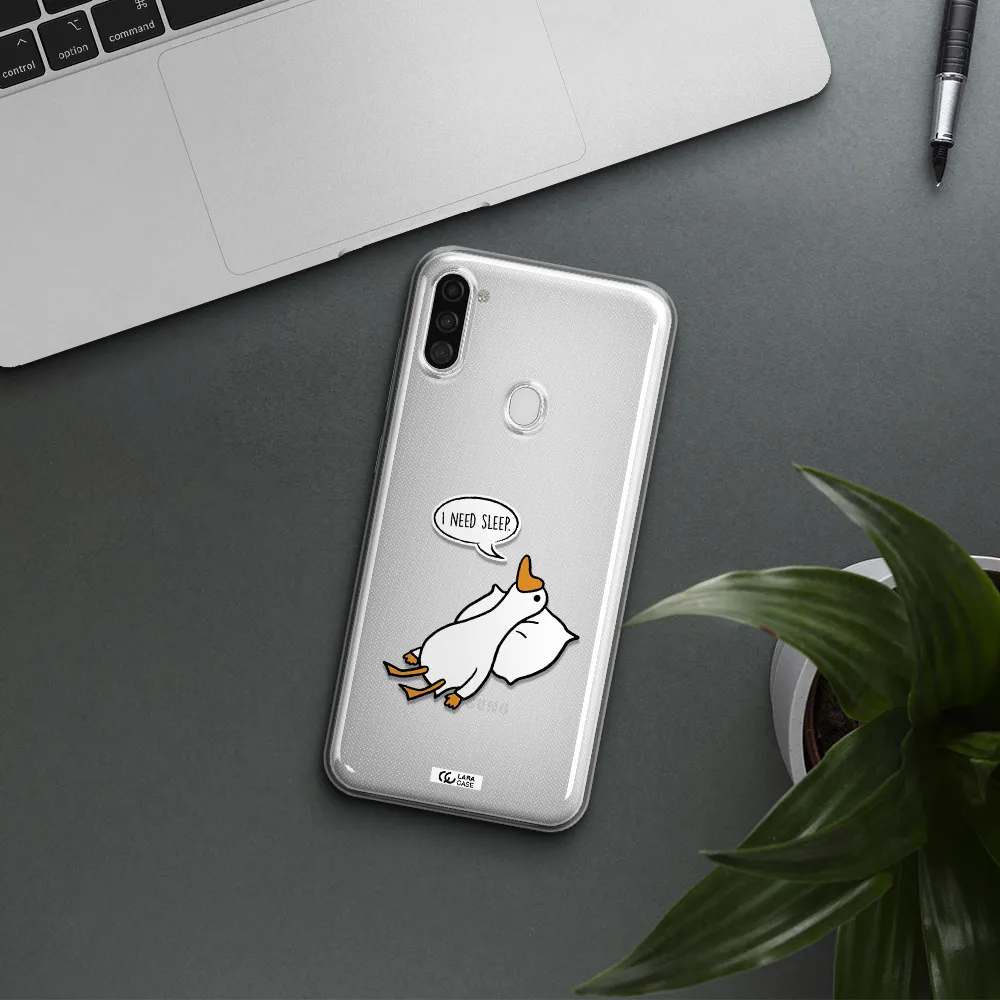 a cartoon of a duck with a pillow Samsung A11 Clear TPU Case