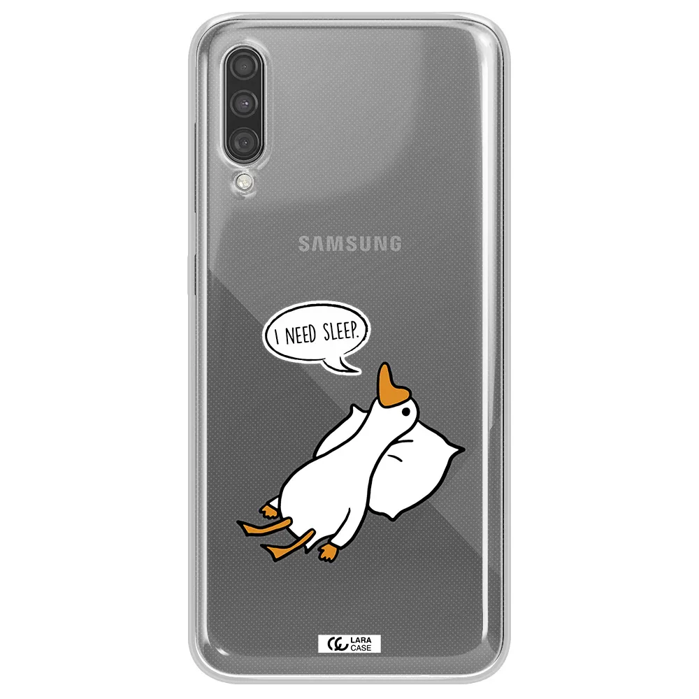 a cartoon of a duck with a pillow Samsung A30S Clear TPU Case