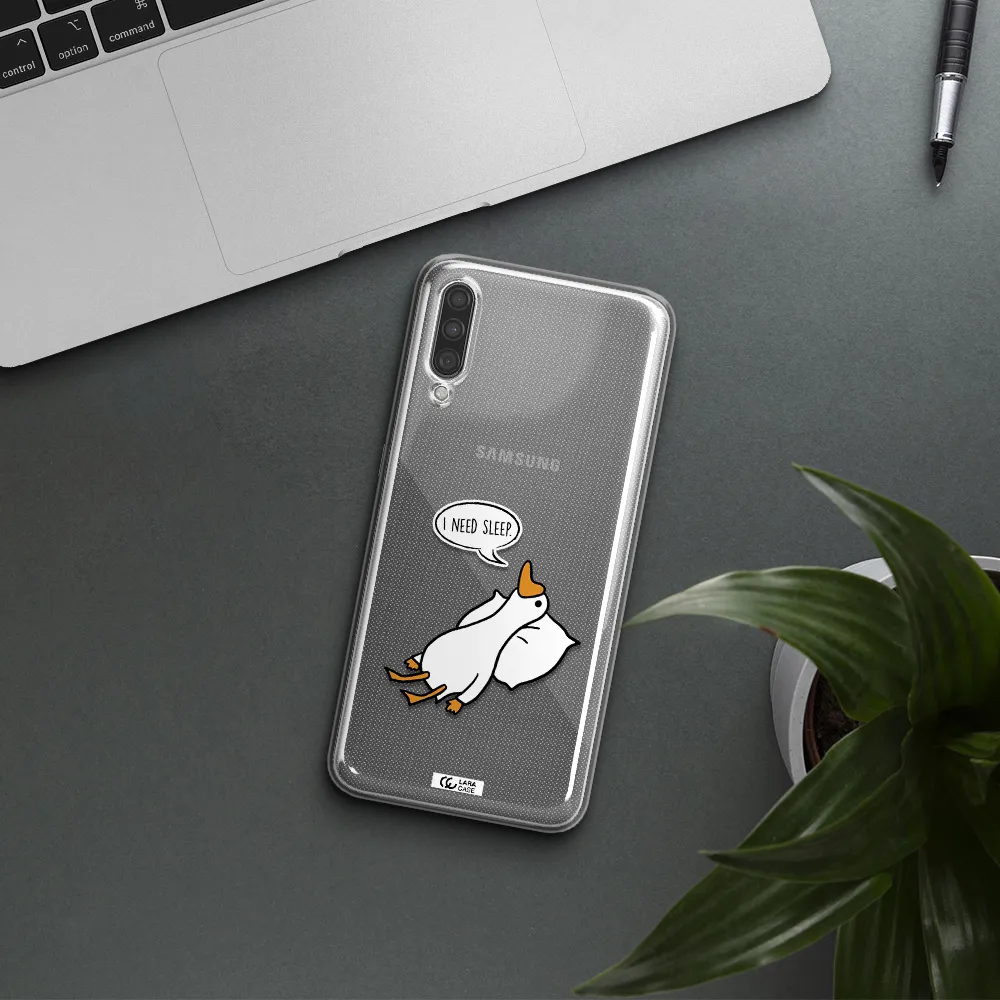 a cartoon of a duck with a pillow Samsung A30S Clear TPU Case