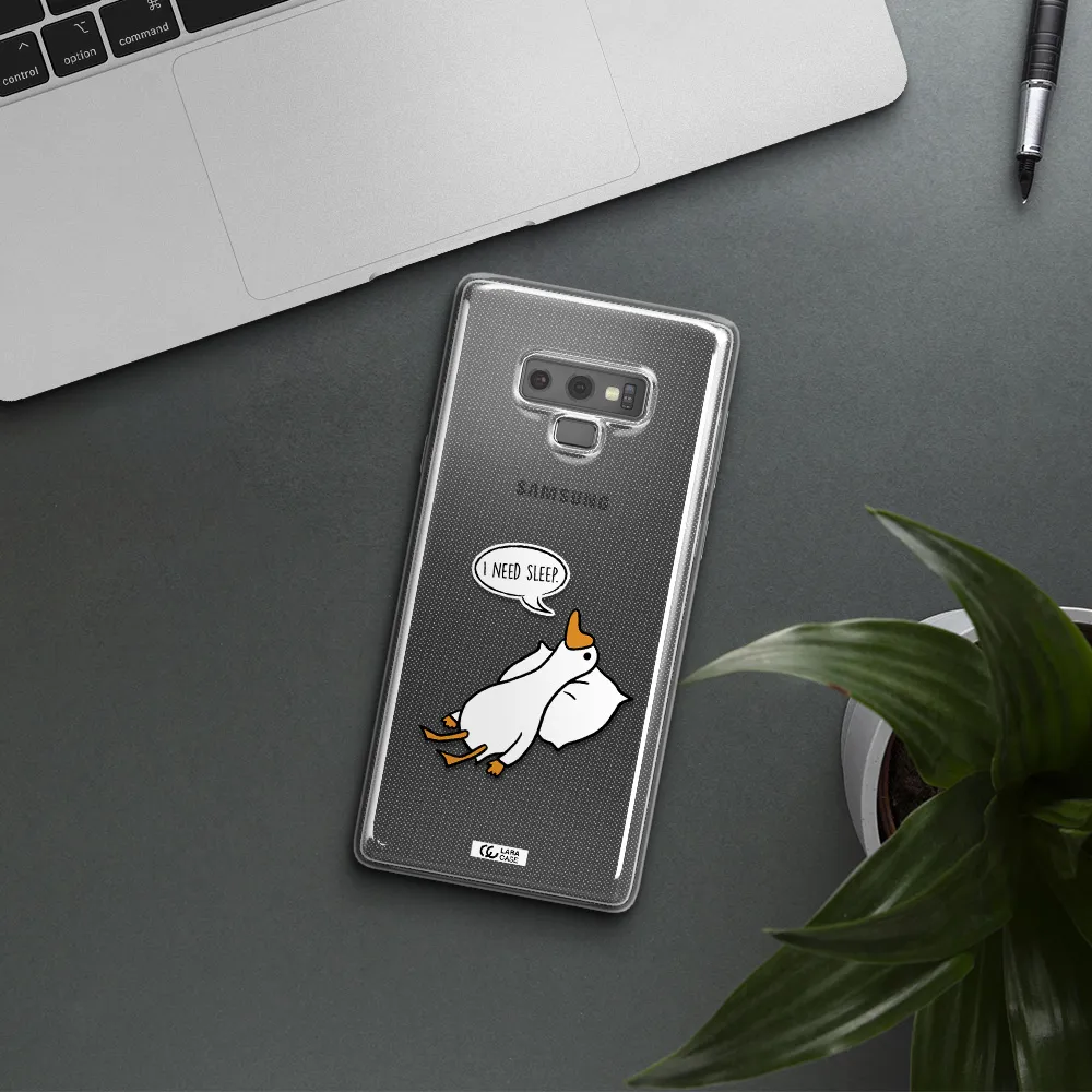 a cartoon of a duck with a pillow Samsung Note 9 Clear TPU Case