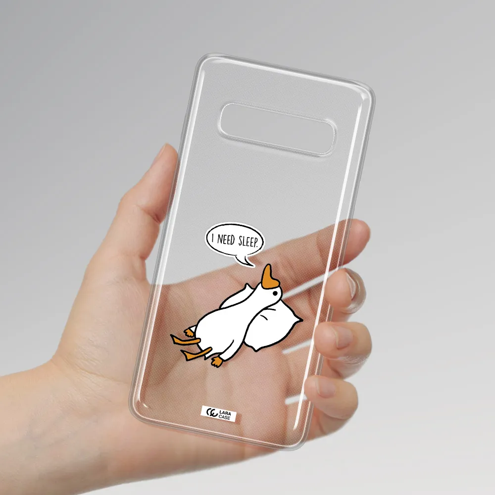 a cartoon of a duck with a pillow Samsung S10 Clear TPU Case