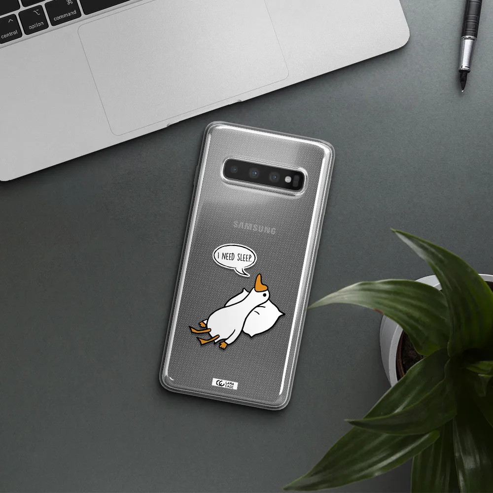 a cartoon of a duck with a pillow Samsung S10 Clear TPU Case