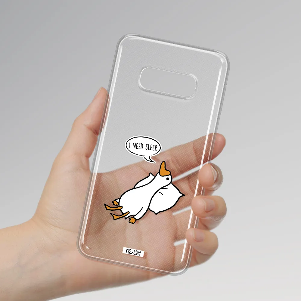 a cartoon of a duck with a pillow Samsung S10e Clear TPU Case