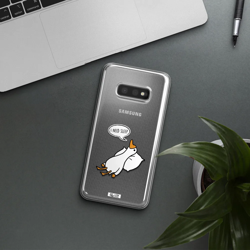 a cartoon of a duck with a pillow Samsung S10e Clear TPU Case