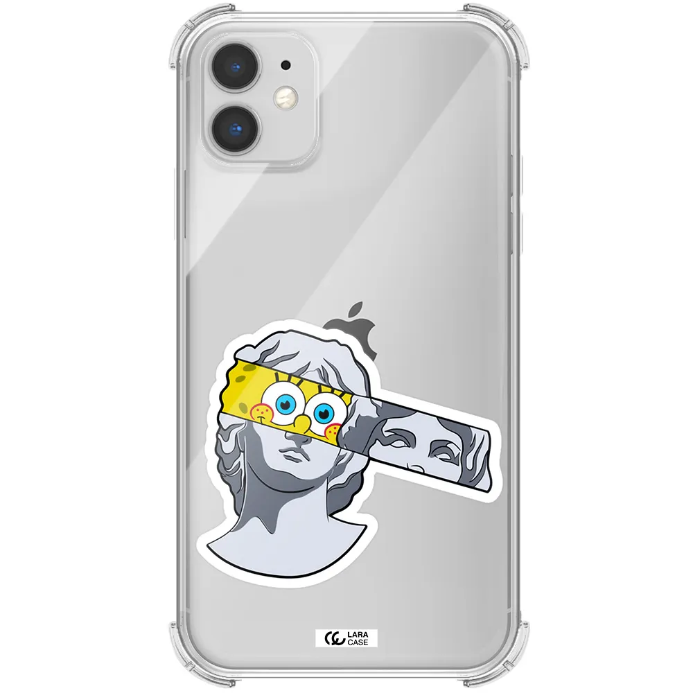 a cartoon of a statue with a yellow spongebob over its eyes Apple iPhone 11 Clear PC Case