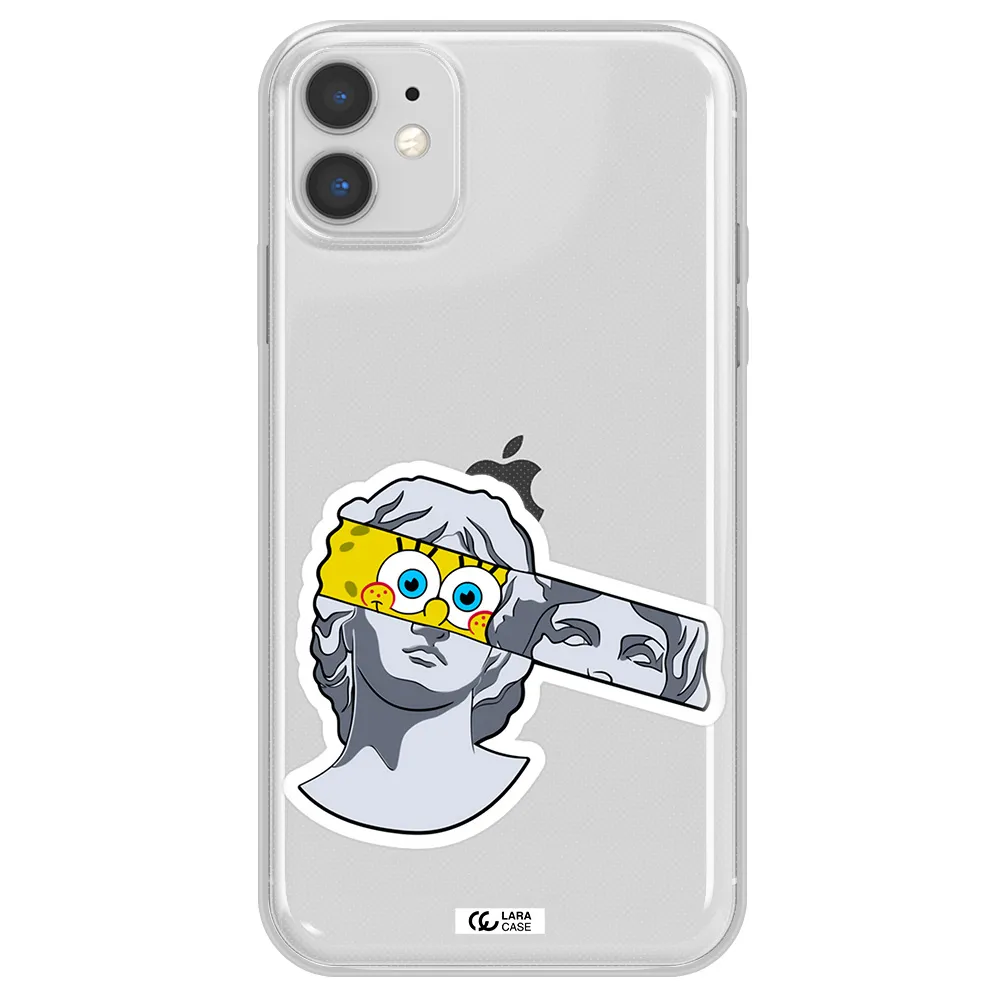 a cartoon of a statue with a yellow spongebob over its eyes Apple iPhone 11 Clear TPU Case