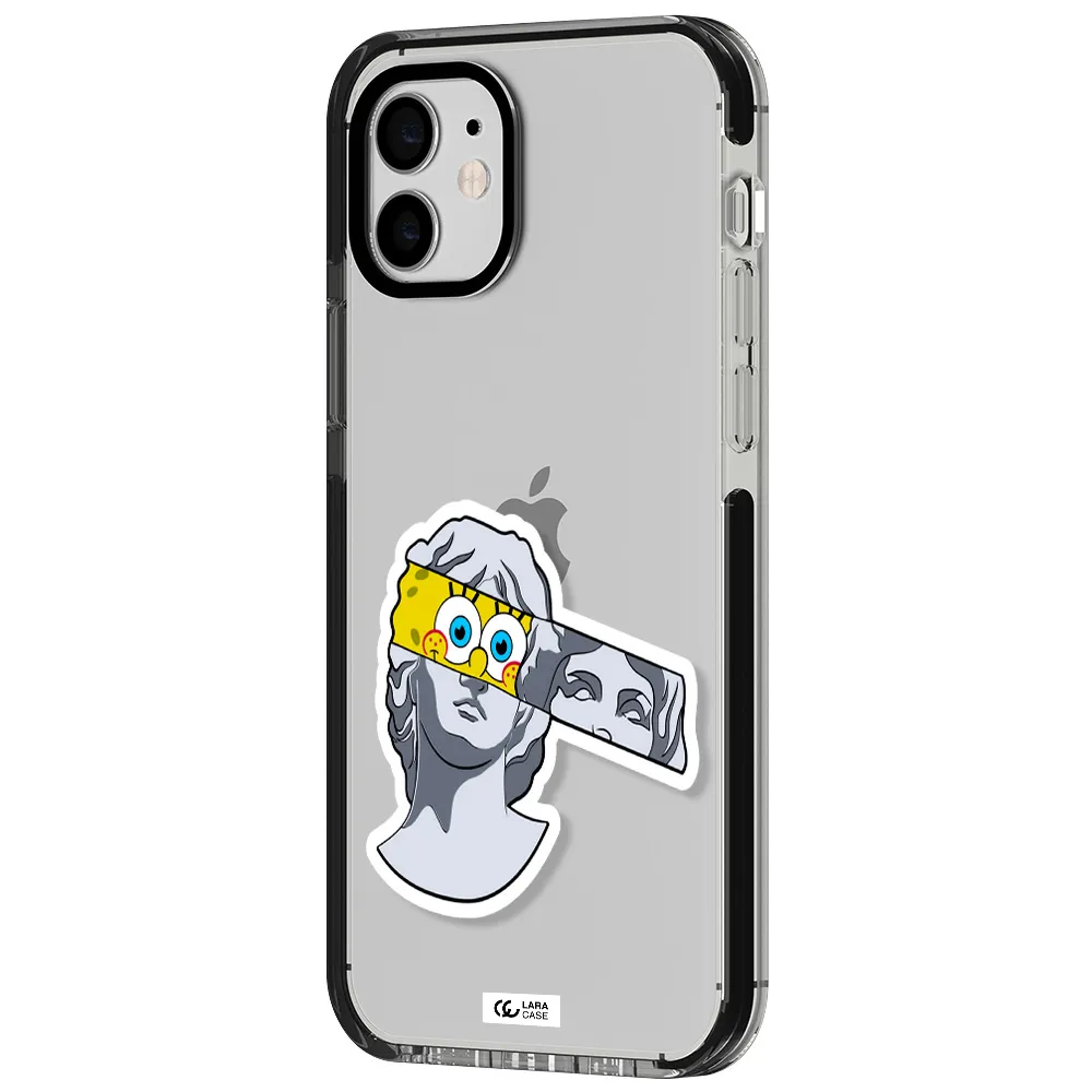 a cartoon of a statue with a yellow spongebob over its eyes Apple iPhone 11 impact black border Case