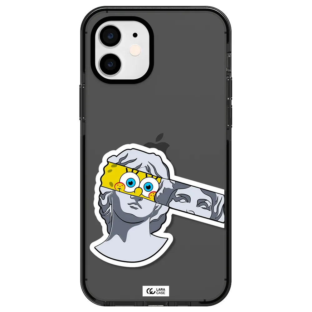 a cartoon of a statue with a yellow spongebob over its eyes Apple iPhone 11 impact Smoke Black Case