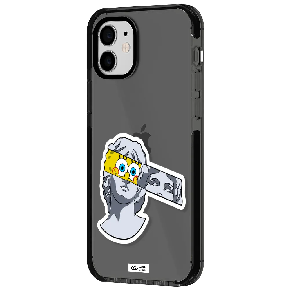a cartoon of a statue with a yellow spongebob over its eyes Apple iPhone 11 impact Smoke Black Case