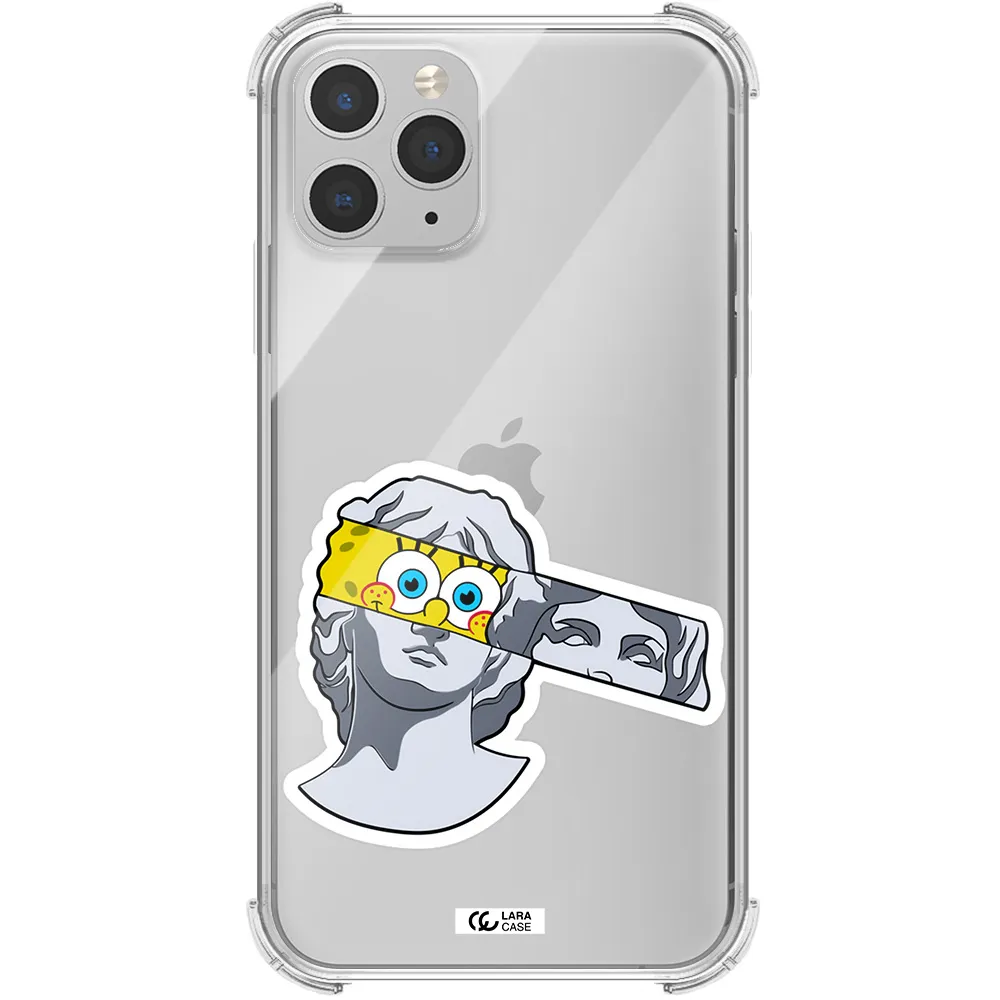 a cartoon of a statue with a yellow spongebob over its eyes Apple iPhone 11 pro Clear PC Case