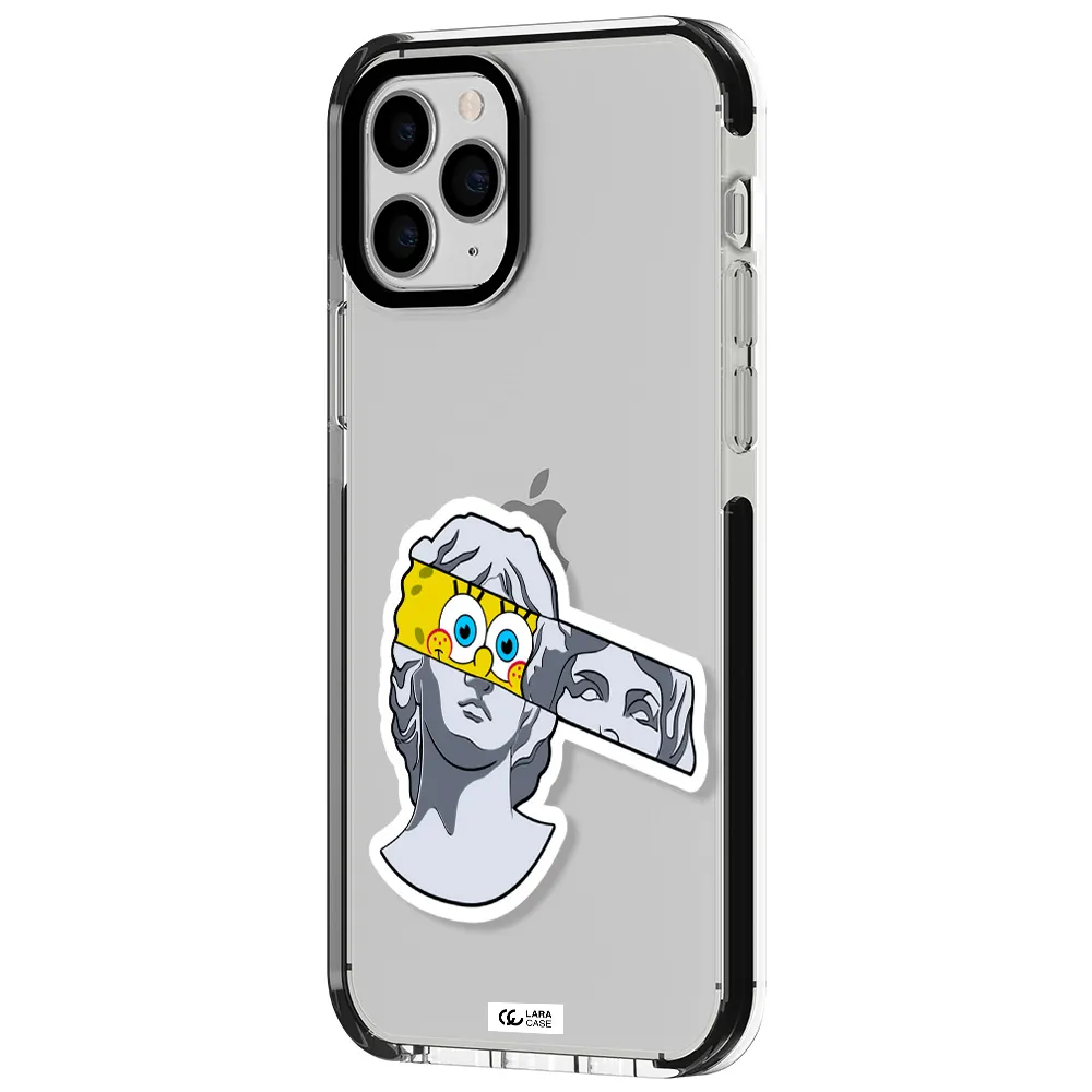 a cartoon of a statue with a yellow spongebob over its eyes Apple iPhone 11 pro impact black border Case