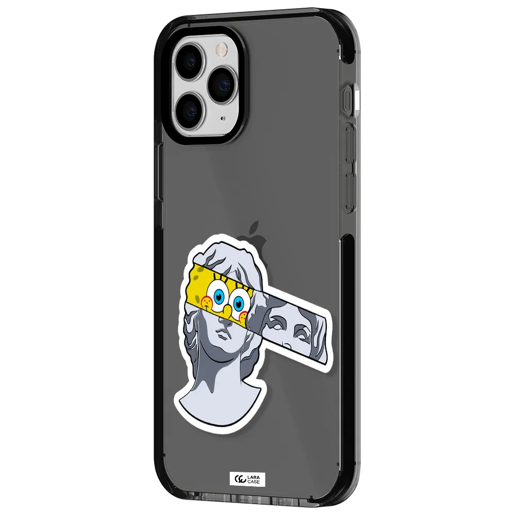 a cartoon of a statue with a yellow spongebob over its eyes Apple iPhone 11 pro impact Smoke Black Case