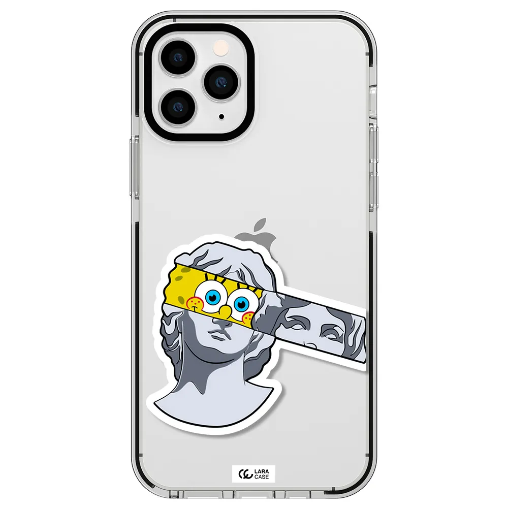 a cartoon of a statue with a yellow spongebob over its eyes Apple iPhone 11 pro max impact black border Case