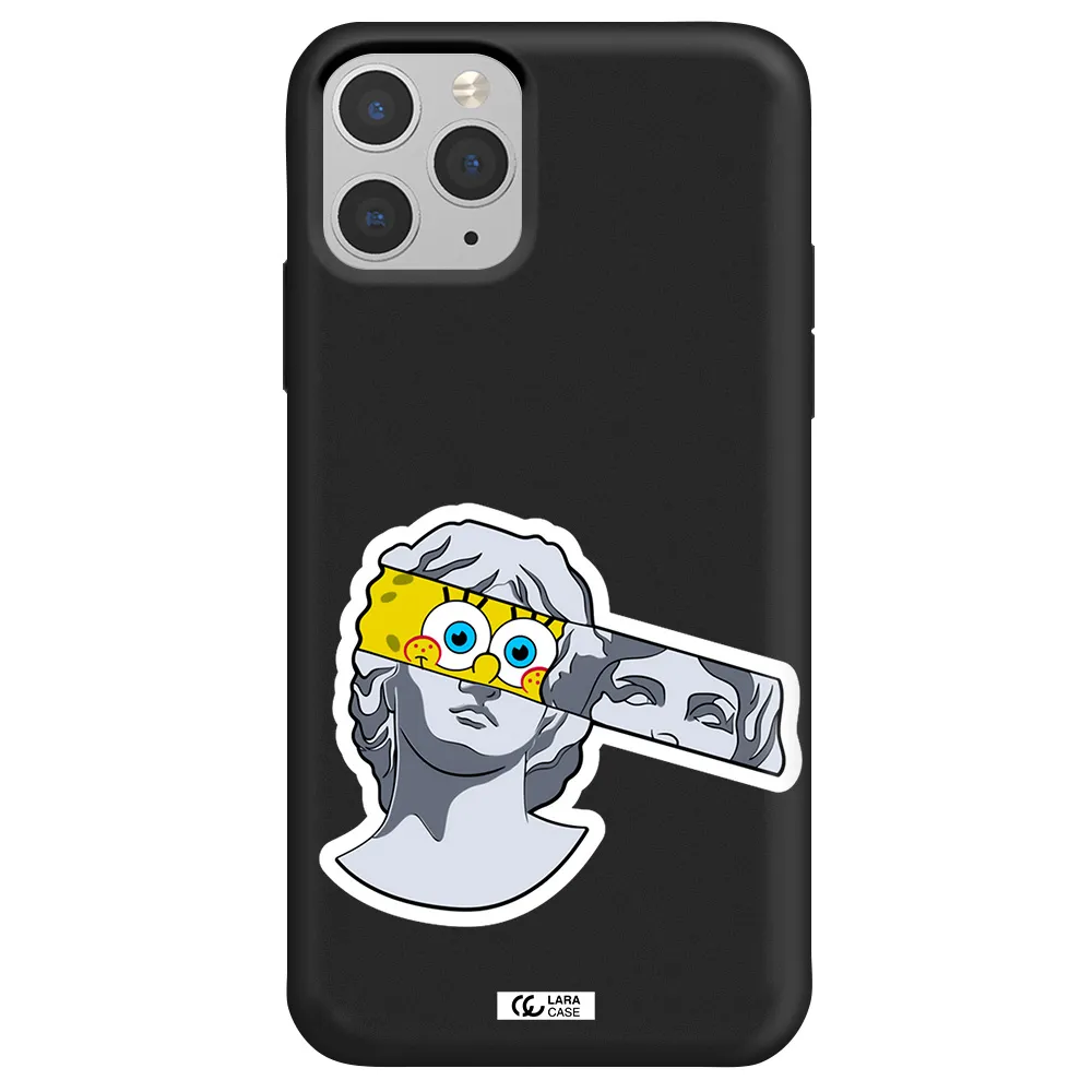 a cartoon of a statue with a yellow spongebob over its eyes Apple iPhone 11 pro max Silicone black Case