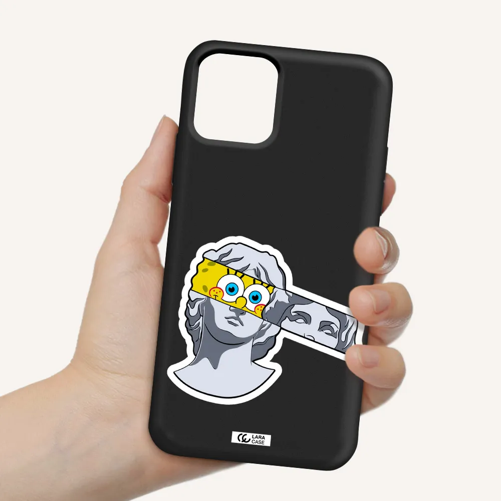 a cartoon of a statue with a yellow spongebob over its eyes Apple iPhone 11 pro max Silicone black Case