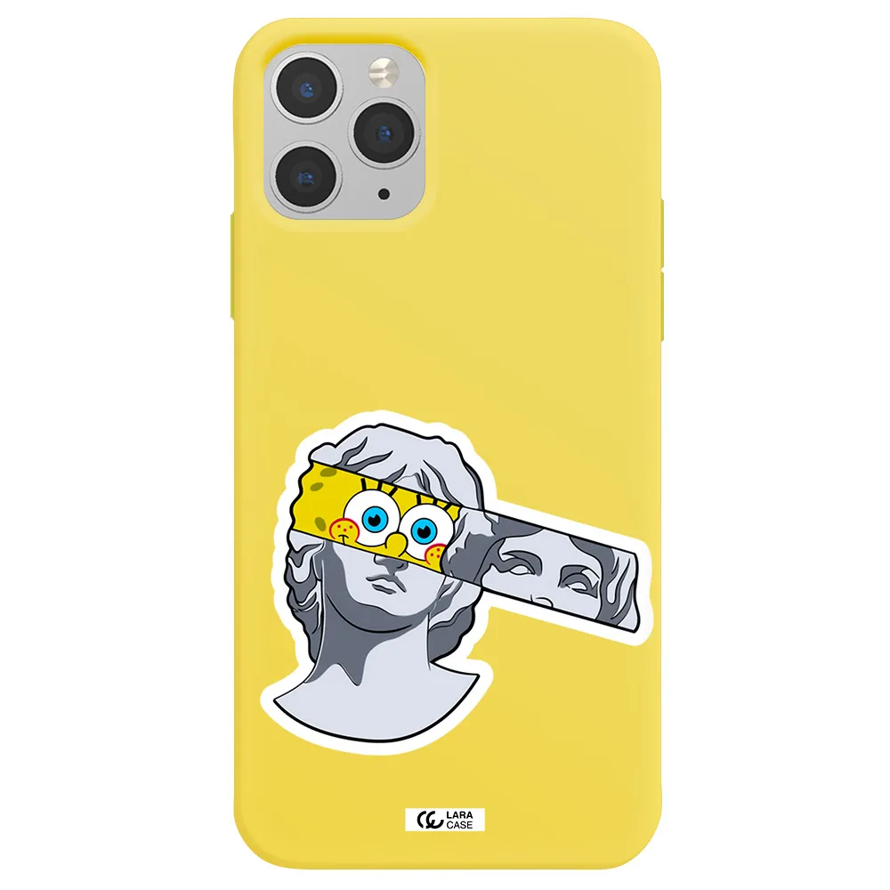 a cartoon of a statue with a yellow spongebob over its eyes Apple iPhone 11 pro max Silicone canary yellow Case
